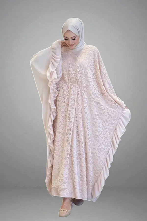 Uçları Şifon Fırfır Görünümlü Dantel Elbise 3864 Taş - 1