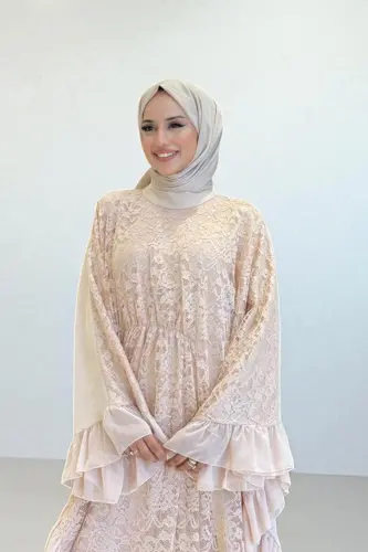Uçları Şifon Fırfır Görünümlü Dantel Elbise 3864 Taş - 4