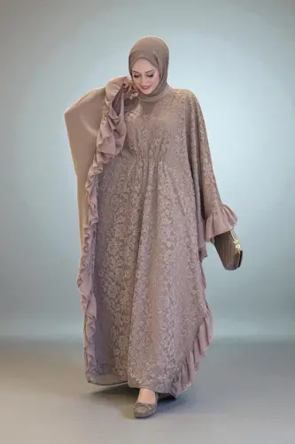 Uçları Şifon Fırfır Görünümlü Dantel Elbise 3864 Vizon - 1