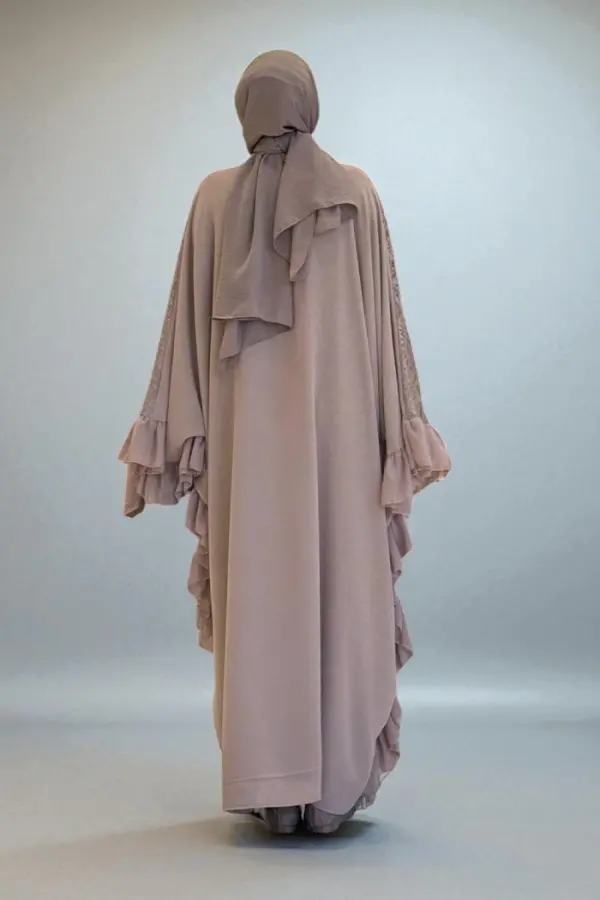 Uçları Şifon Fırfır Görünümlü Dantel Elbise 3864 Vizon - 3