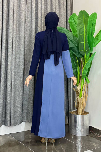 İki Renkli İnci Detaylı Elbise 3865 Lacivert - Bym Fashion (1)