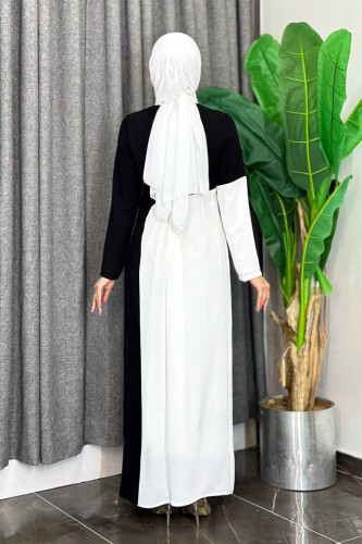 İki Renkli İnci Detaylı Elbise 3865 Siyah - Bym Fashion (1)