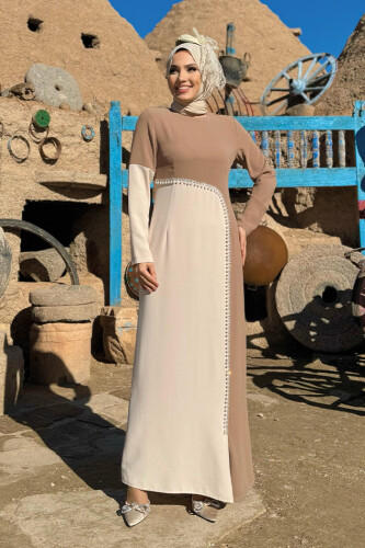 İki Renkli İnci Detaylı Elbise 3865 Vizon - Bym Fashion (1)