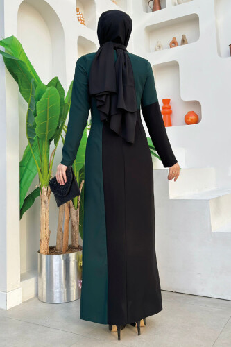 İki Renkli İnci Detaylı Elbise 3865 Zümrüt - Bym Fashion (1)