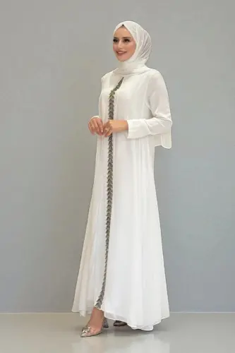 Pelerinli Ön Kısım İşleme Detay Şallı Elbise 3868 Ekru - Bym Fashion (1)