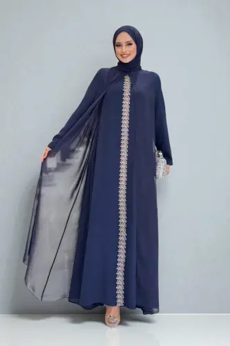 Pelerinli Ön Kısım İşleme Detay Şallı Elbise 3868 Lacivert - Bym Fashion (1)