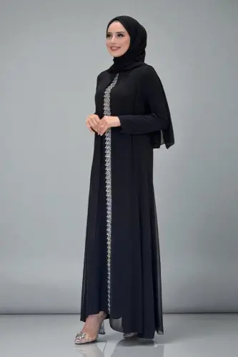 Pelerinli Ön Kısım İşleme Detay Şallı Elbise 3868 Siyah - Bym Fashion (1)