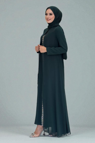 Pelerinli Ön Kısım İşleme Detay Şallı Elbise 3868 Zümrüt - Bym Fashion (1)