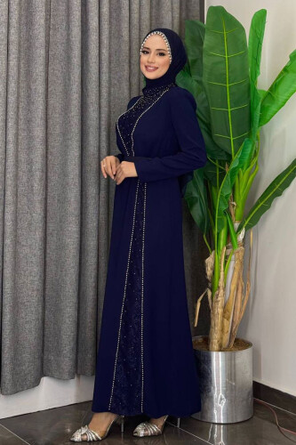Taşlı Krep Dantel Elbise 3870 Lacivert - Bym Fashion (1)