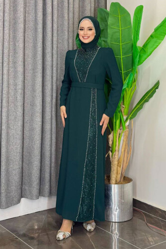 Taşlı Krep Dantel Elbise 3870 Zümrüt - Bym Fashion