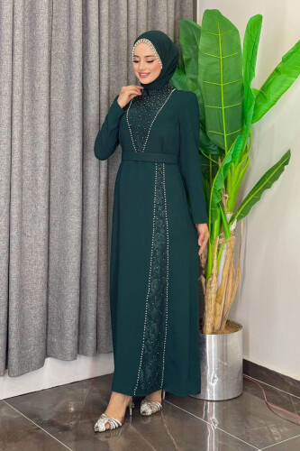 Taşlı Krep Dantel Elbise 3870 Zümrüt - Bym Fashion (1)