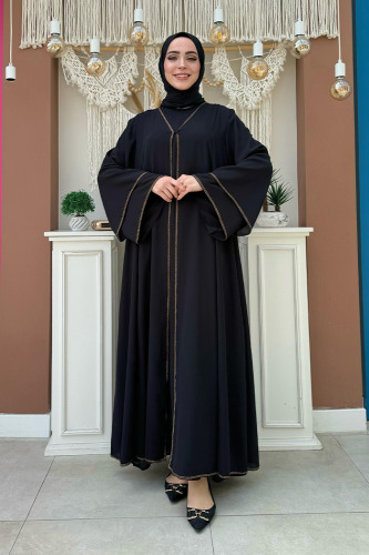 Taş İşleme Detaylı Elbise Abaya Takım 3873 Siyah - 1