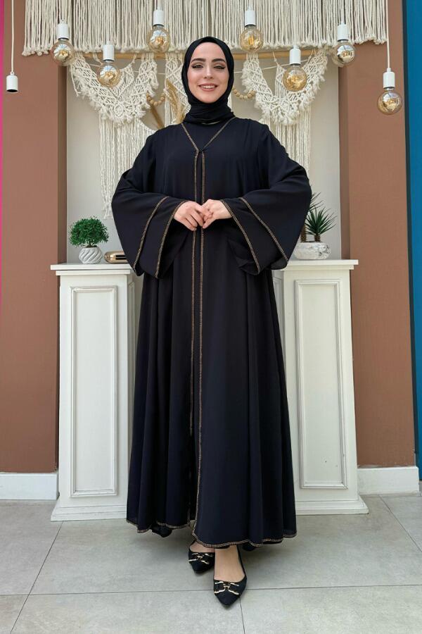 Taş İşleme Detaylı Elbise Abaya Takım 3873 Siyah - 1