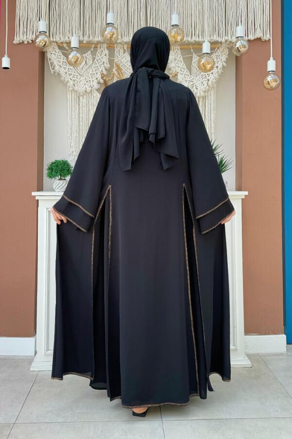 Taş İşleme Detaylı Elbise Abaya Takım 3873 Siyah - 2