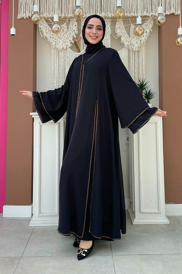 Taş İşleme Detaylı Elbise Abaya Takım 3873 Siyah - 3