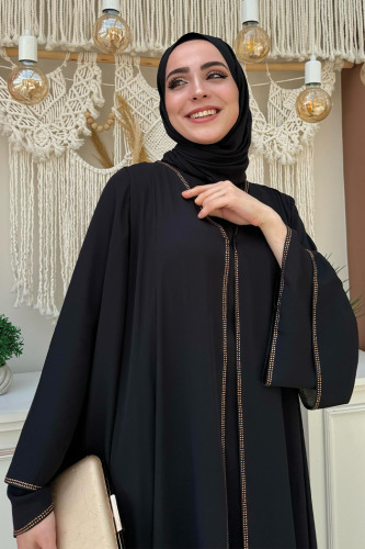 Taş İşleme Detaylı Elbise Abaya Takım 3873 Siyah - 4