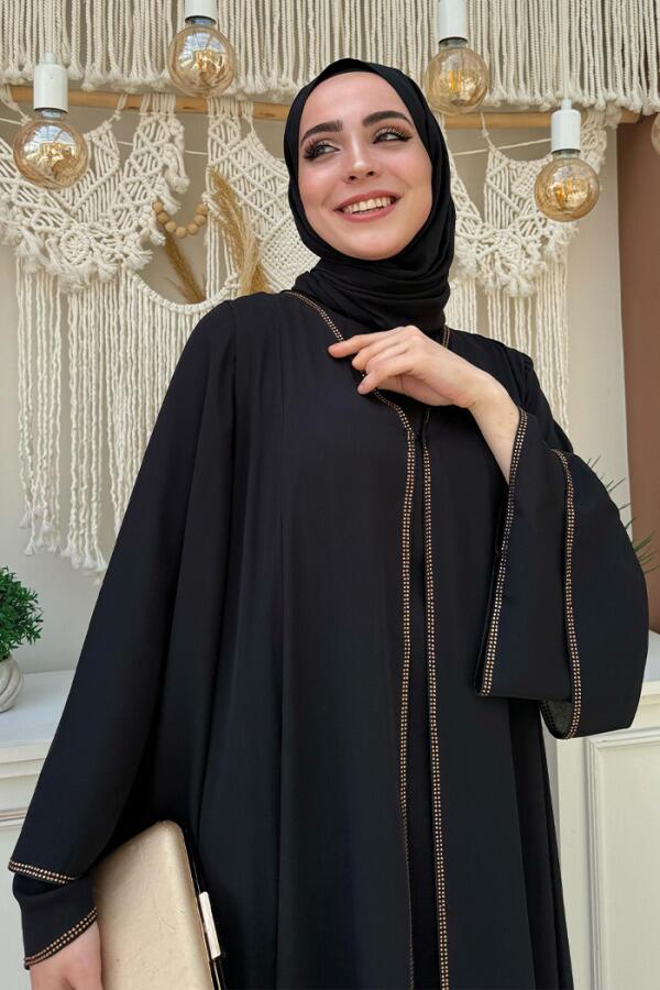 Taş İşleme Detaylı Elbise Abaya Takım 3873 Siyah - 4