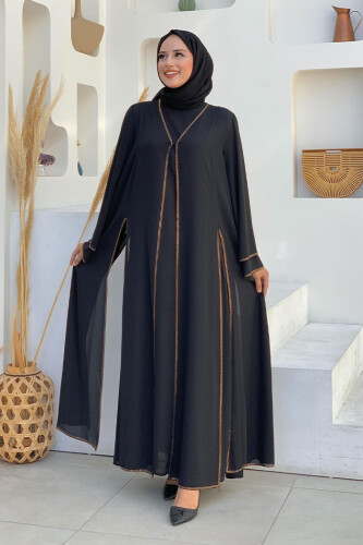 Taş İşleme Detaylı Elbise Abaya Takım 3873 Siyah - 5