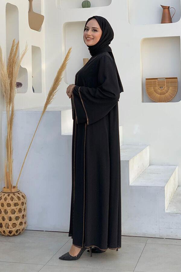 Taş İşleme Detaylı Elbise Abaya Takım 3873 Siyah - 7