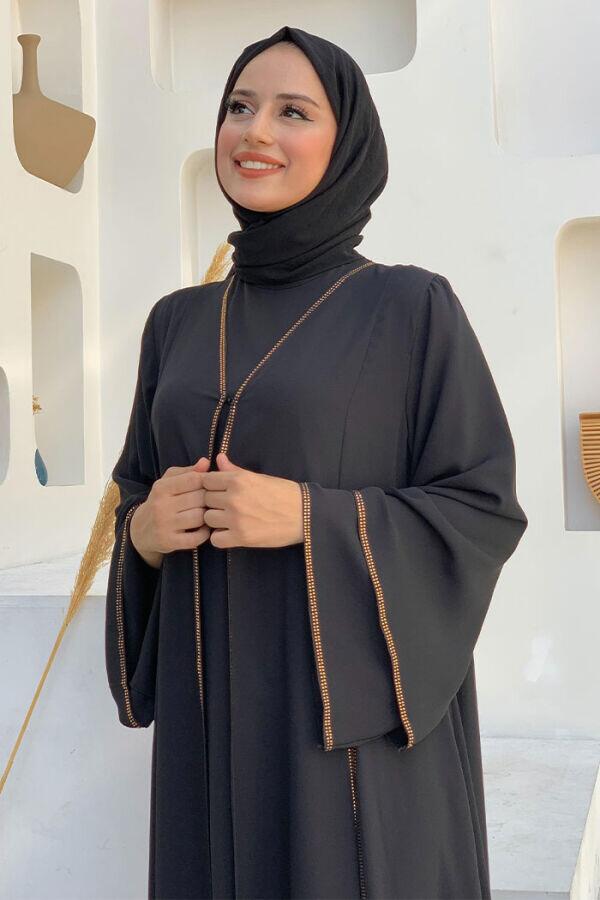 Taş İşleme Detaylı Elbise Abaya Takım 3873 Siyah - 8