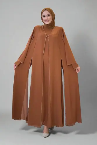 Taş İşleme Detaylı Elbise Abaya Takım 3873 Taba - 1