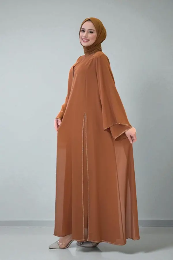Taş İşleme Detaylı Elbise Abaya Takım 3873 Taba - 2