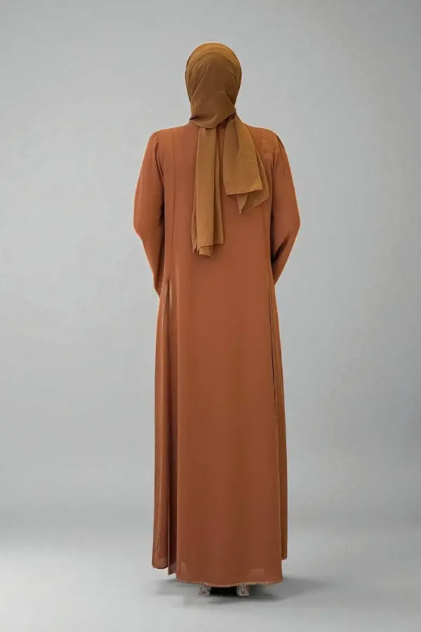 Taş İşleme Detaylı Elbise Abaya Takım 3873 Taba - 3