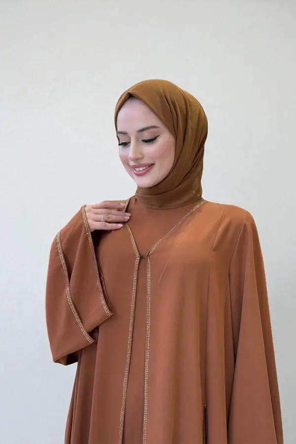 Taş İşleme Detaylı Elbise Abaya Takım 3873 Taba - 4