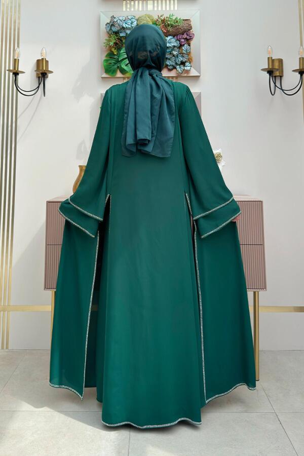 Taş İşleme Detaylı Elbise Abaya Takım 3873 Zümrüt - 2