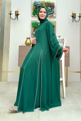 Taş İşleme Detaylı Elbise Abaya Takım 3873 Zümrüt - 3