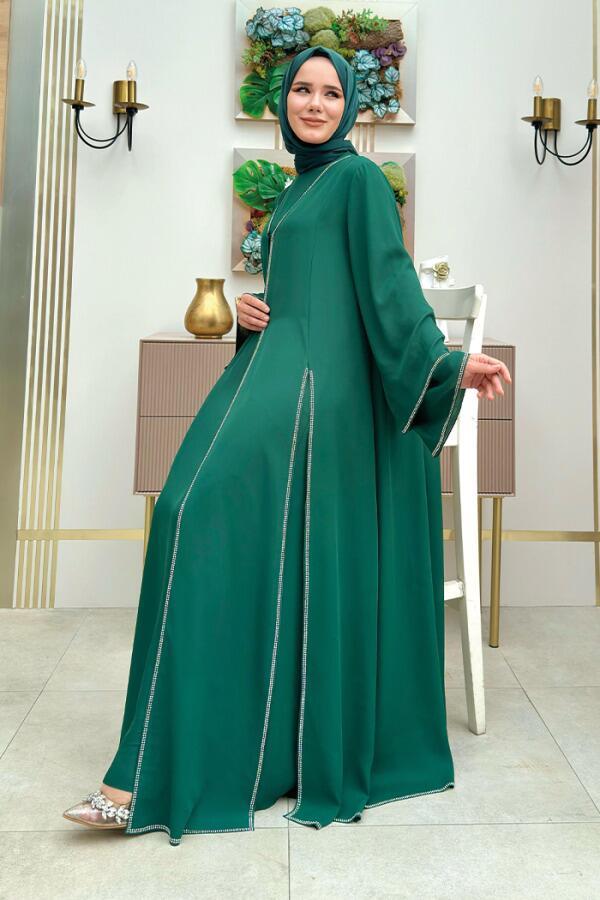 Taş İşleme Detaylı Elbise Abaya Takım 3873 Zümrüt - 3
