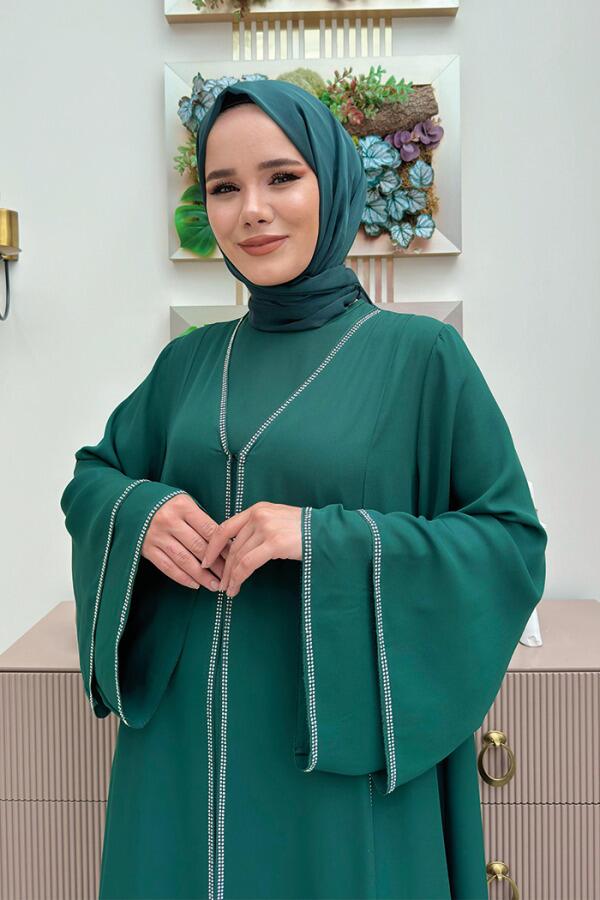 Taş İşleme Detaylı Elbise Abaya Takım 3873 Zümrüt - 4