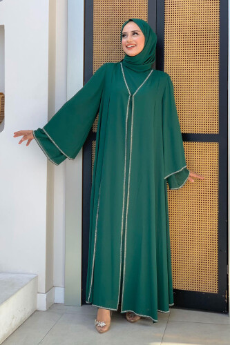 Taş İşleme Detaylı Elbise Abaya Takım 3873 Zümrüt - 5