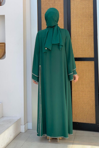 Taş İşleme Detaylı Elbise Abaya Takım 3873 Zümrüt - 6