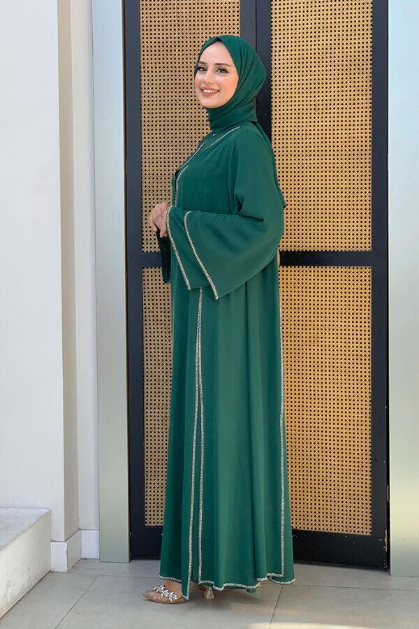 Taş İşleme Detaylı Elbise Abaya Takım 3873 Zümrüt - 7