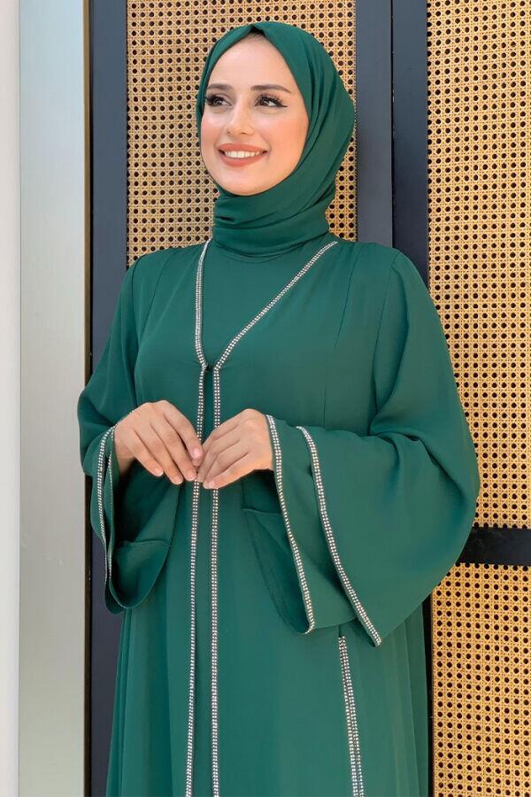 Taş İşleme Detaylı Elbise Abaya Takım 3873 Zümrüt - 8