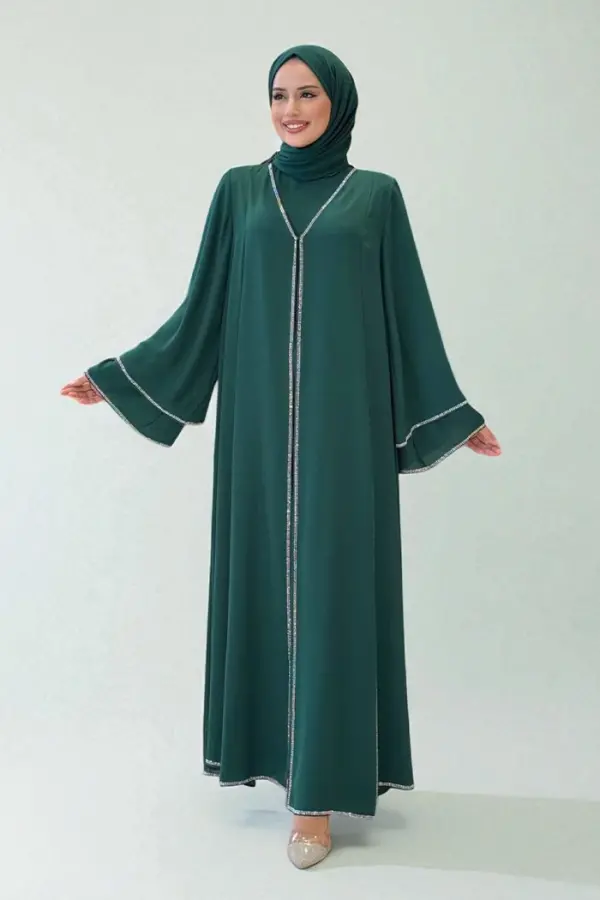 Taş İşleme Detaylı Elbise Abaya Takım 3873 Zümrüt - 1