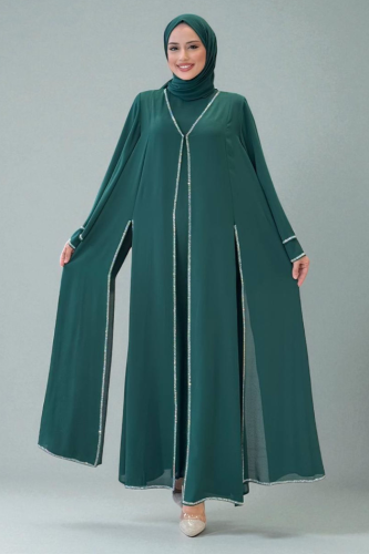 Taş İşleme Detaylı Elbise Abaya Takım 3873 Zümrüt - 2
