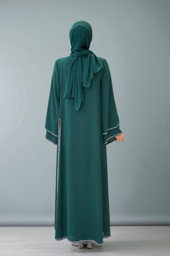 Taş İşleme Detaylı Elbise Abaya Takım 3873 Zümrüt - 3