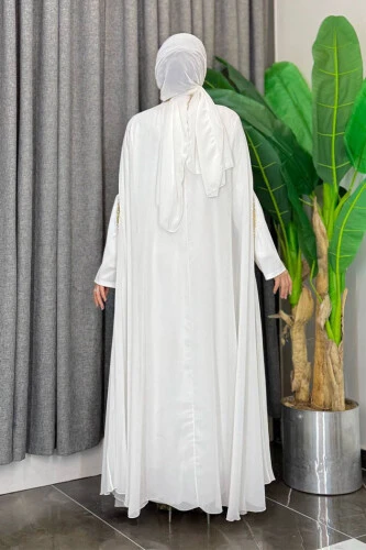 Taş İşleme Detaylı Elbiseli Pelerin Takım 3875 Ekru - Bym Fashion (1)