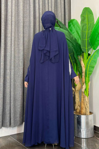 Taş İşleme Detaylı Elbiseli Pelerin Takım 3875 Lacivert - Bym Fashion (1)