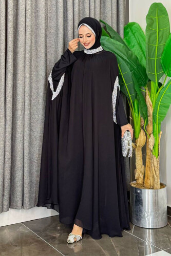 Taş İşleme Detaylı Elbiseli Pelerin Takım 3875 Siyah - Bym Fashion