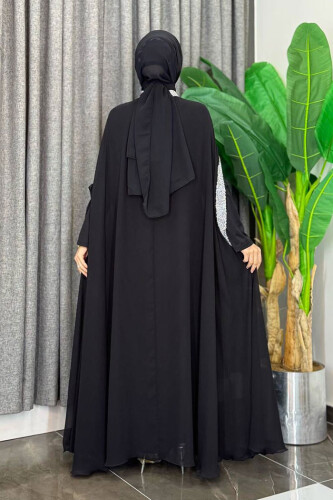 Taş İşleme Detaylı Elbiseli Pelerin Takım 3875 Siyah - Bym Fashion (1)
