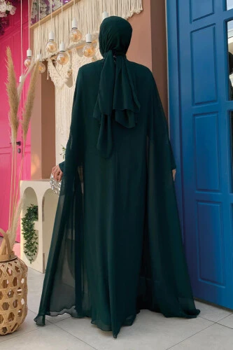 Taş İşleme Detaylı Elbiseli Pelerin Takım 3875 Zümrüt - Bym Fashion (1)