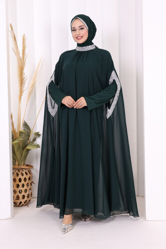 Taş İşleme Detaylı Elbiseli Pelerin Takım 3875 Zümrüt - 5