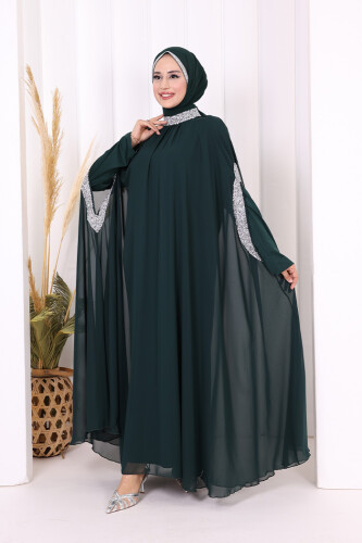 Taş İşleme Detaylı Elbiseli Pelerin Takım 3875 Zümrüt - 6