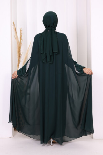 Taş İşleme Detaylı Elbiseli Pelerin Takım 3875 Zümrüt - 7