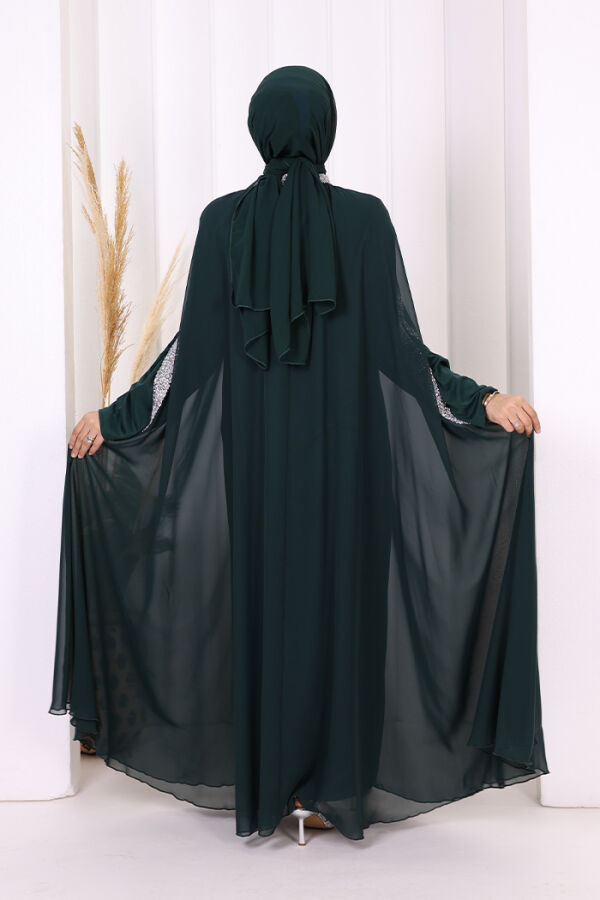 Taş İşleme Detaylı Elbiseli Pelerin Takım 3875 Zümrüt - 7