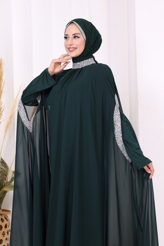 Taş İşleme Detaylı Elbiseli Pelerin Takım 3875 Zümrüt - 8