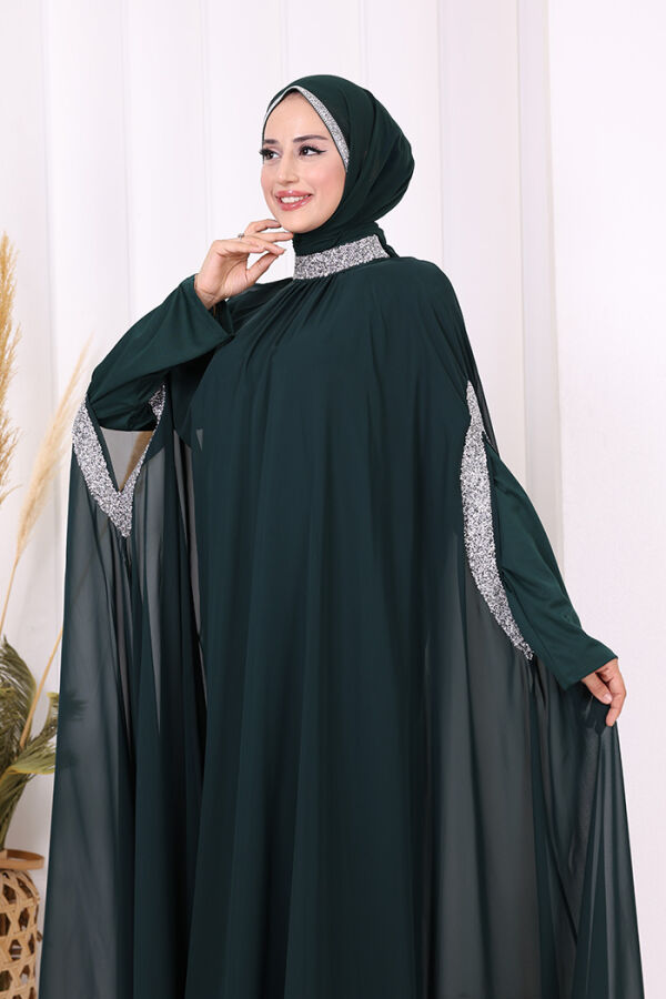 Taş İşleme Detaylı Elbiseli Pelerin Takım 3875 Zümrüt - 8